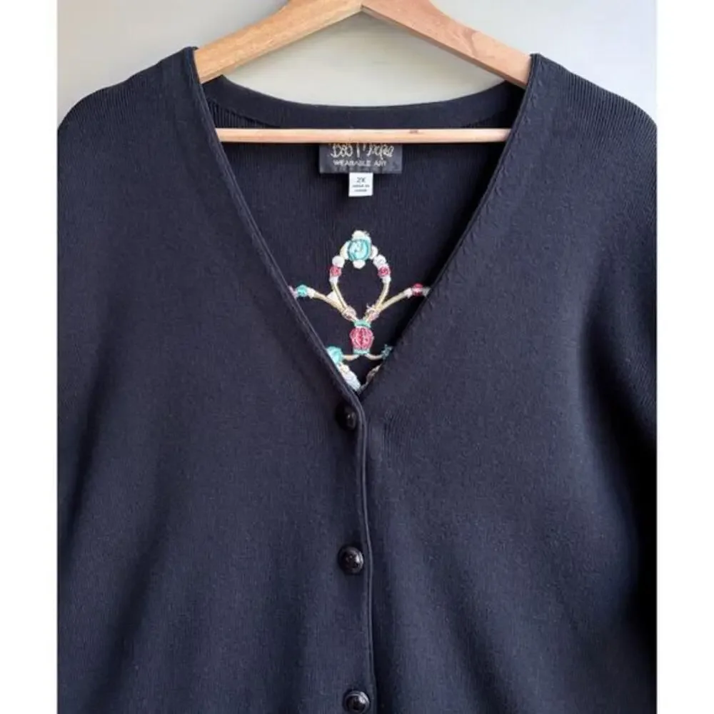 Bob Mackie Wearable Art Feather Embroidery Cardigan Sweater V-neck Black Plus 2X
